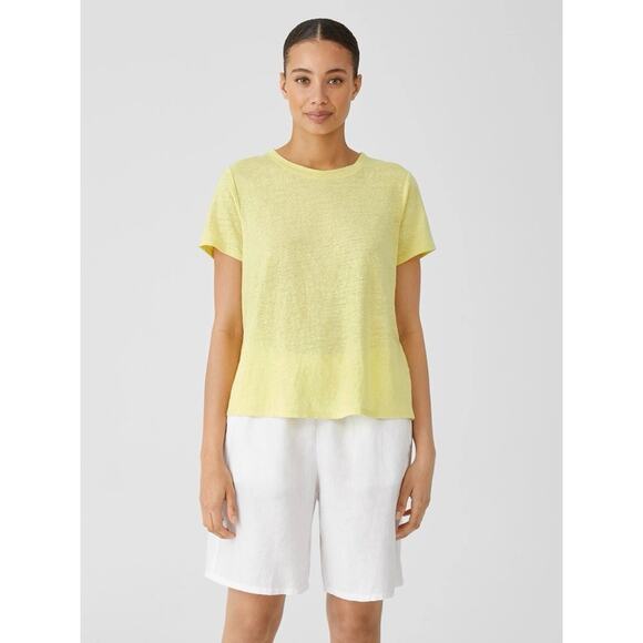 Eileen Fisher Crew Neck Tee Butter Yellow Organic Linen Jersey Basic Tee XS NWOT - Picture 6 of 9